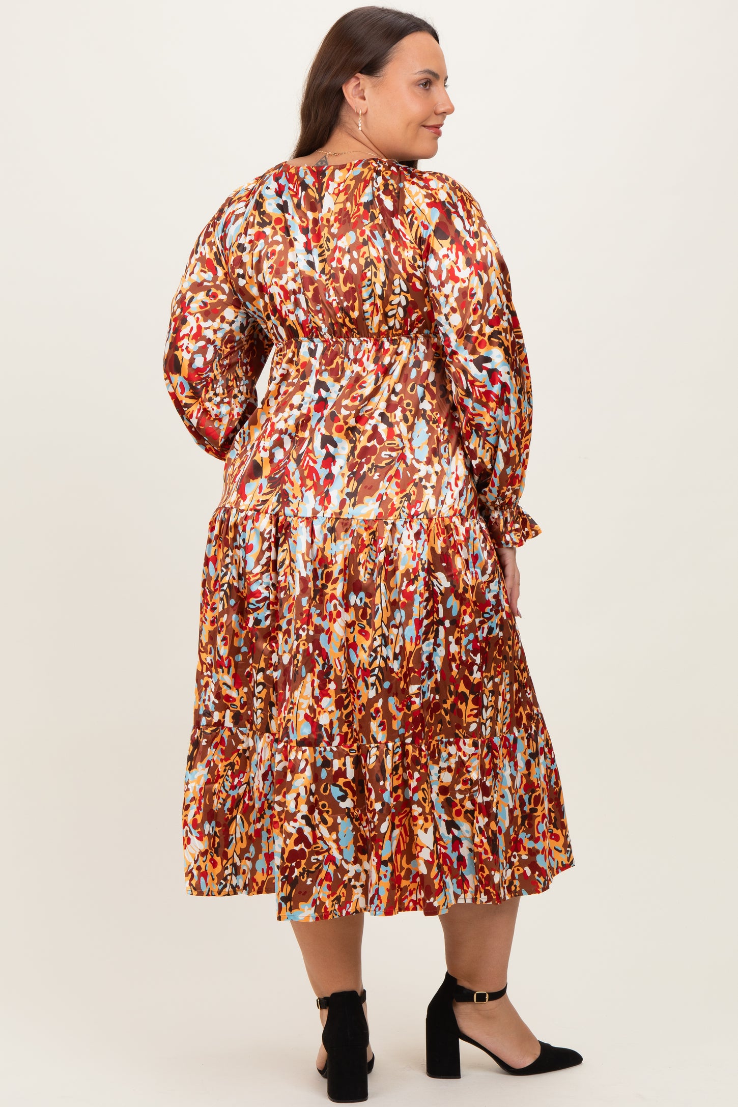 Mocha Multi Color Satin V-Neck Long Sleeve Plus Maxi Dress
