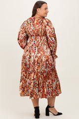 Mocha Multi Color Satin V-Neck Long Sleeve Plus Maxi Dress