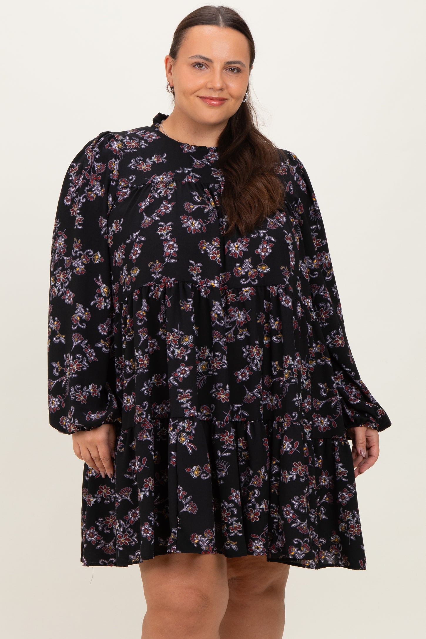 Black Floral Tiered Long Sleeve Plus Dress