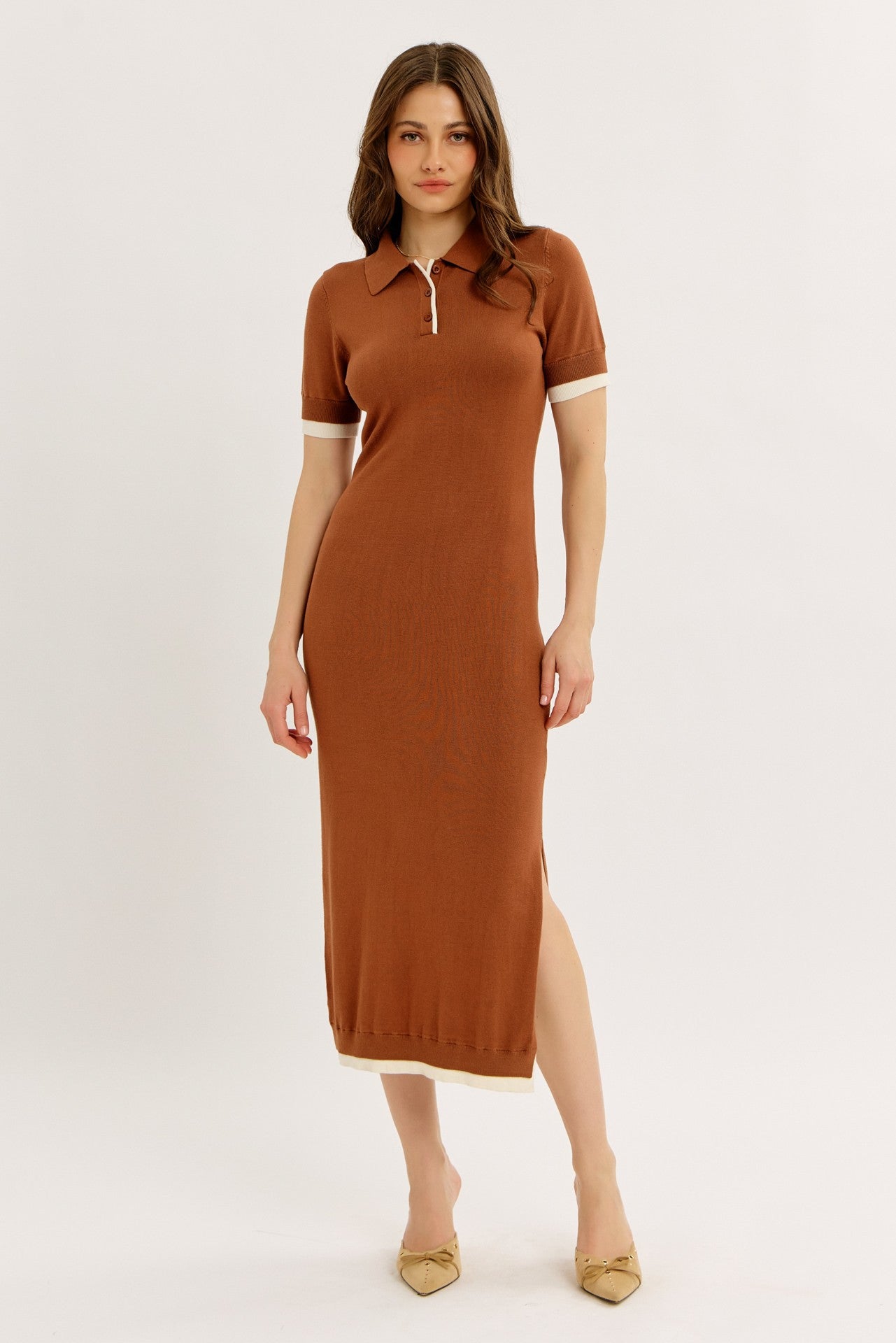Camel Sweater Side Slit Midi Dress