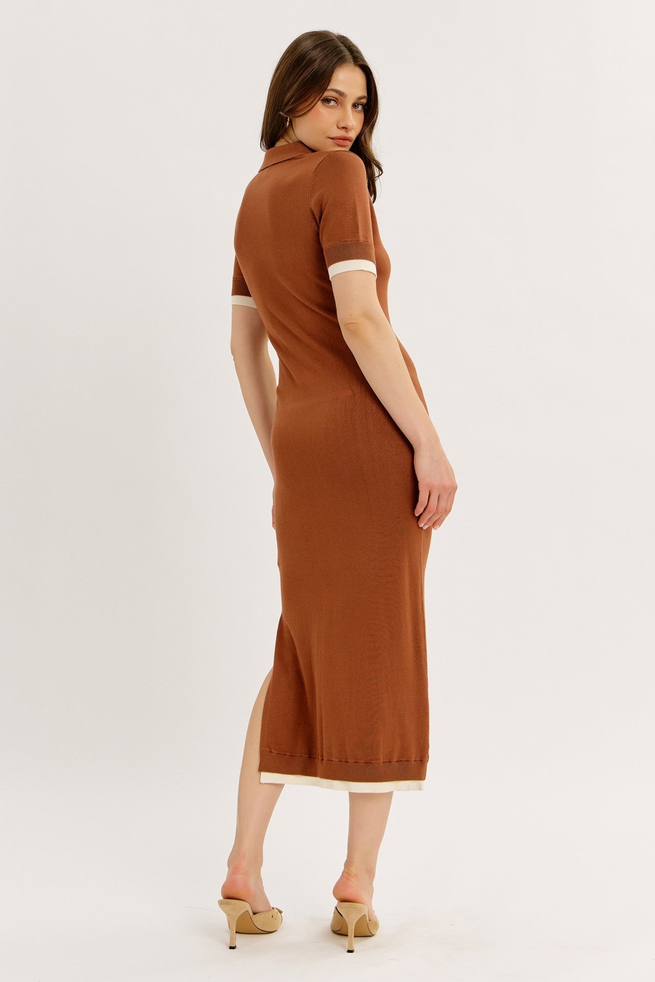 Camel Sweater Side Slit Midi Dress