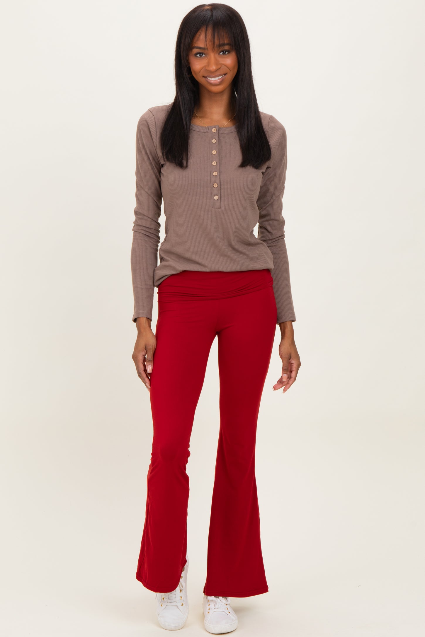 Red Fold Over Waistband Flared Pants