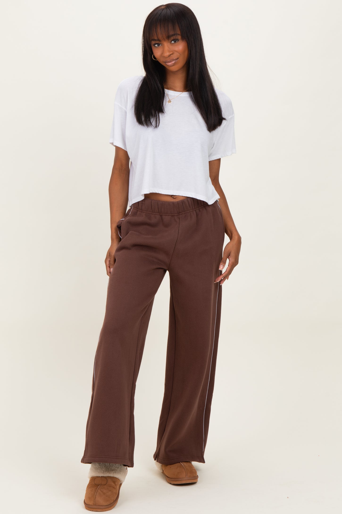Brown Fleece Wide Leg Sweatpants