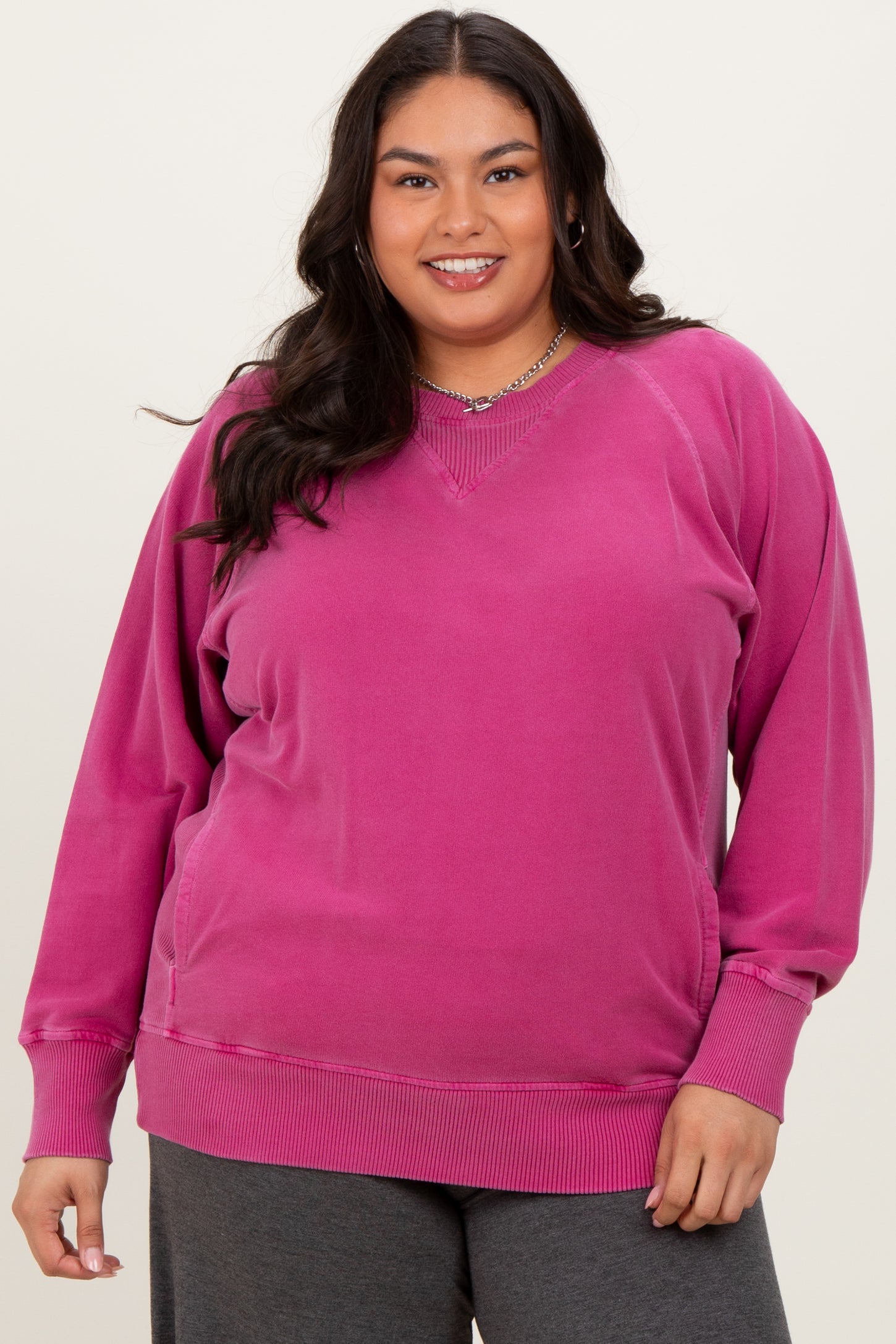 Fuchsia Vintage Wash French Terry Plus Pullover