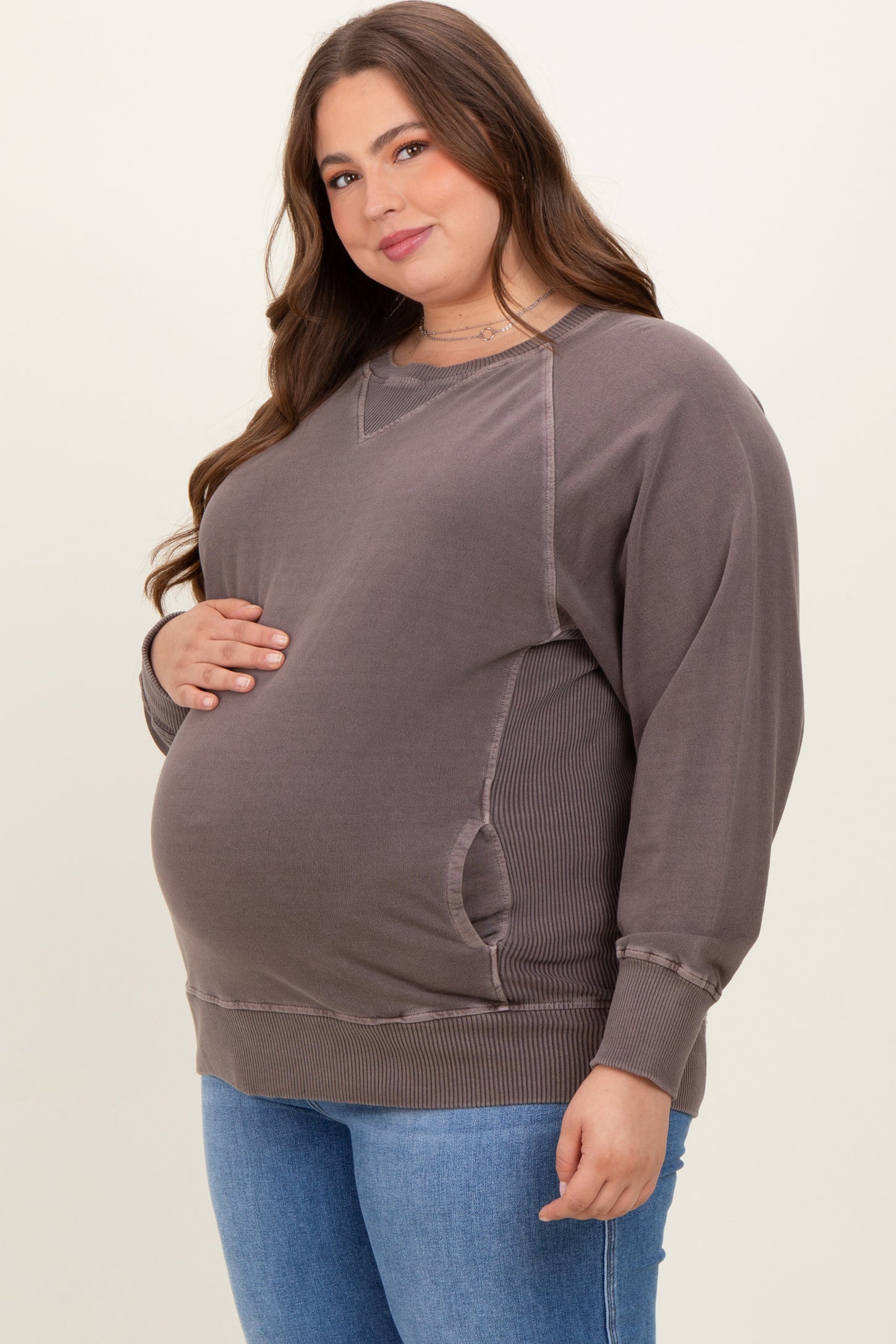 Brown Vintage Wash French Terry Maternity Plus Pullover