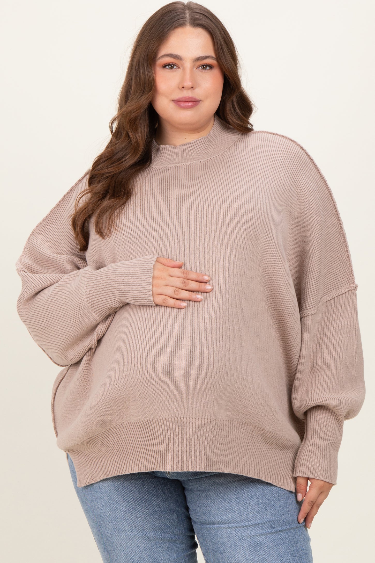 Beige Mock Neck Exposed Seam Maternity Sweater