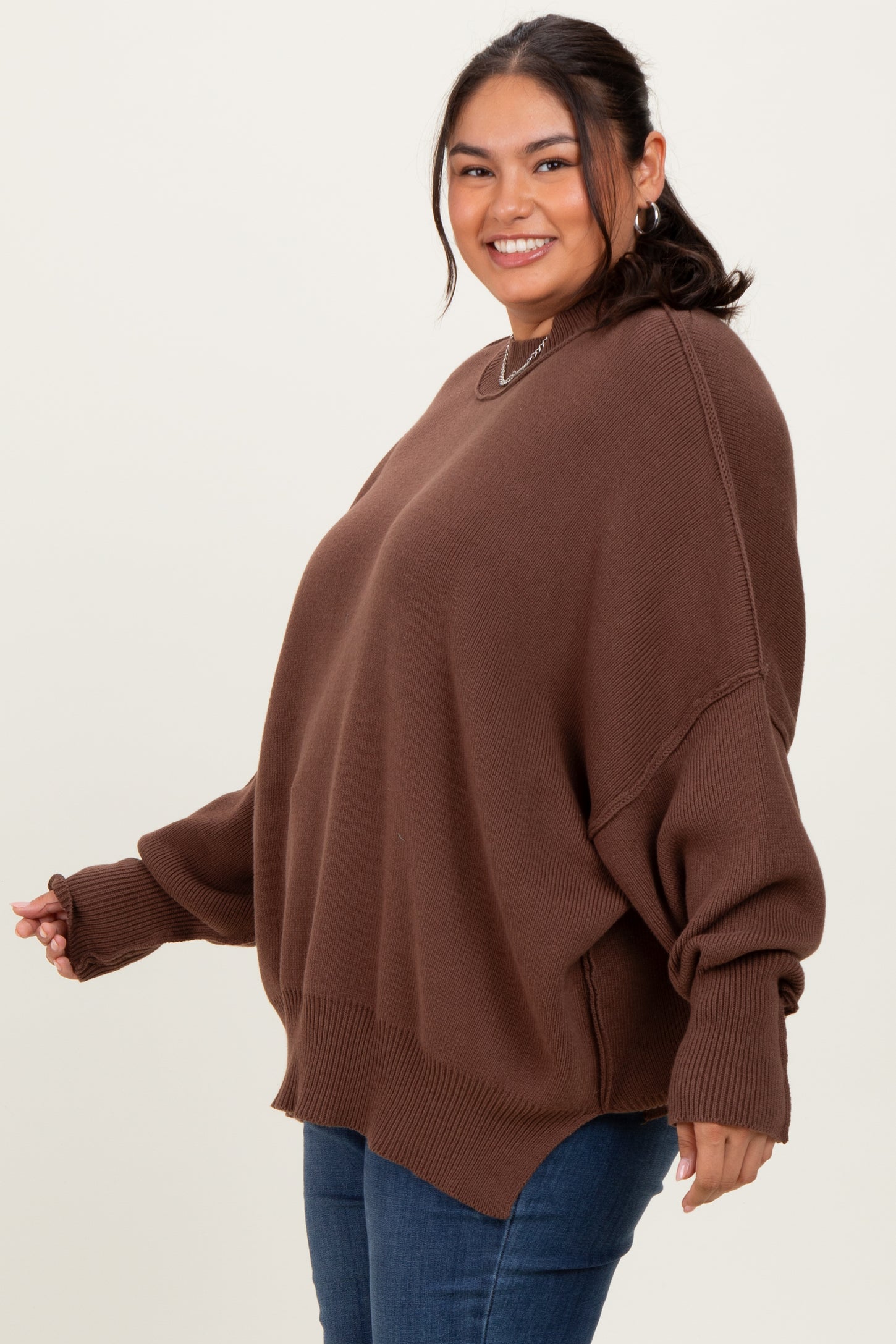 Brown Mock Neck Exposed Seam Sweater