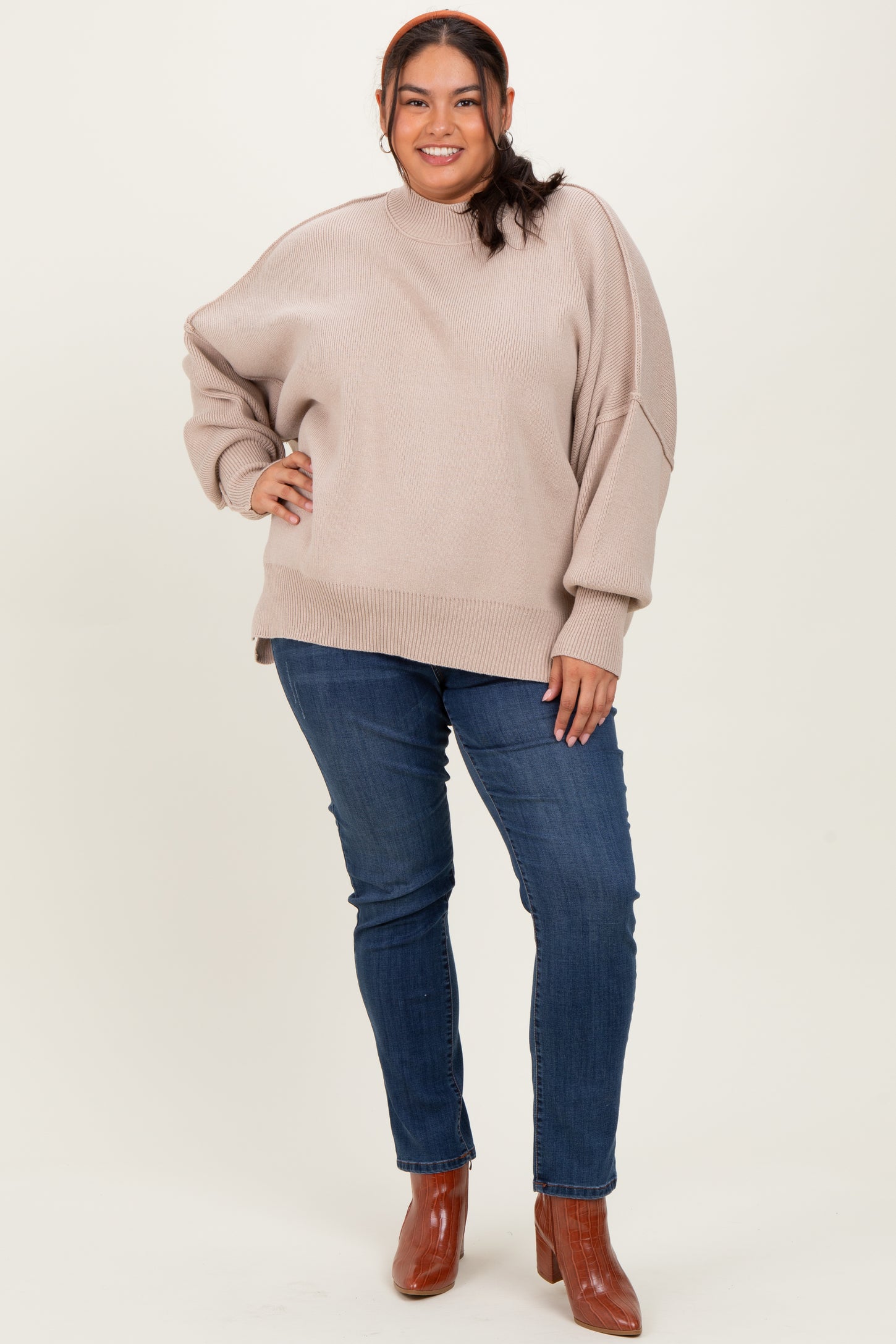 Cream Mock Neck Exposed Seam Sweater