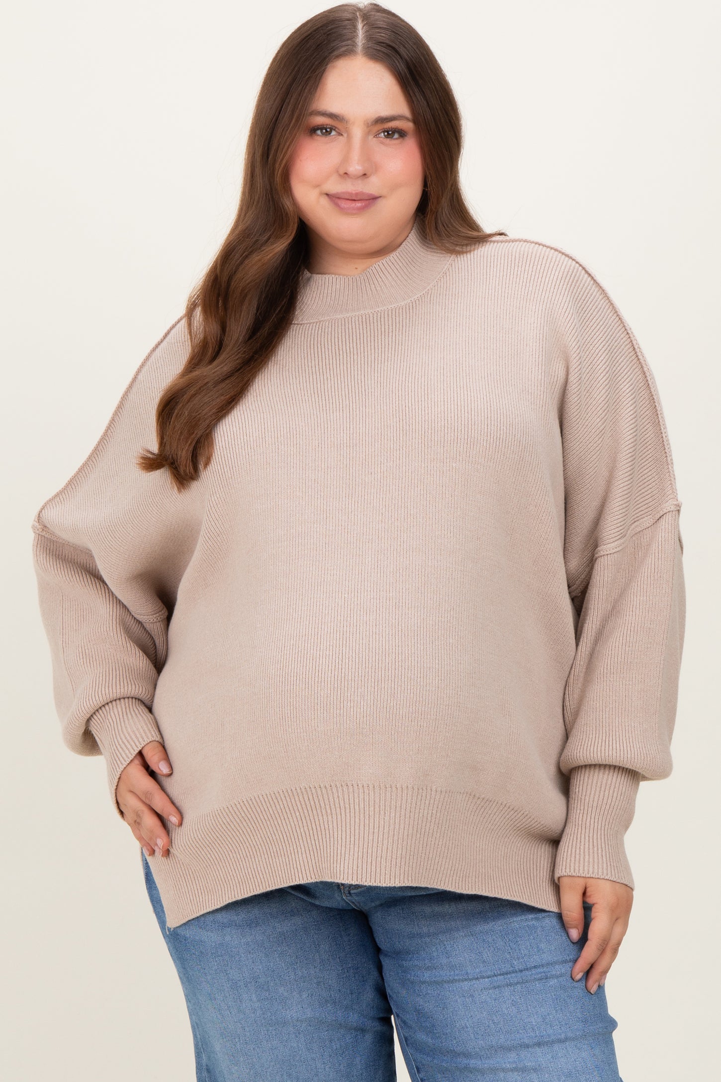 Cream Mock Neck Exposed Seam Maternity Sweater