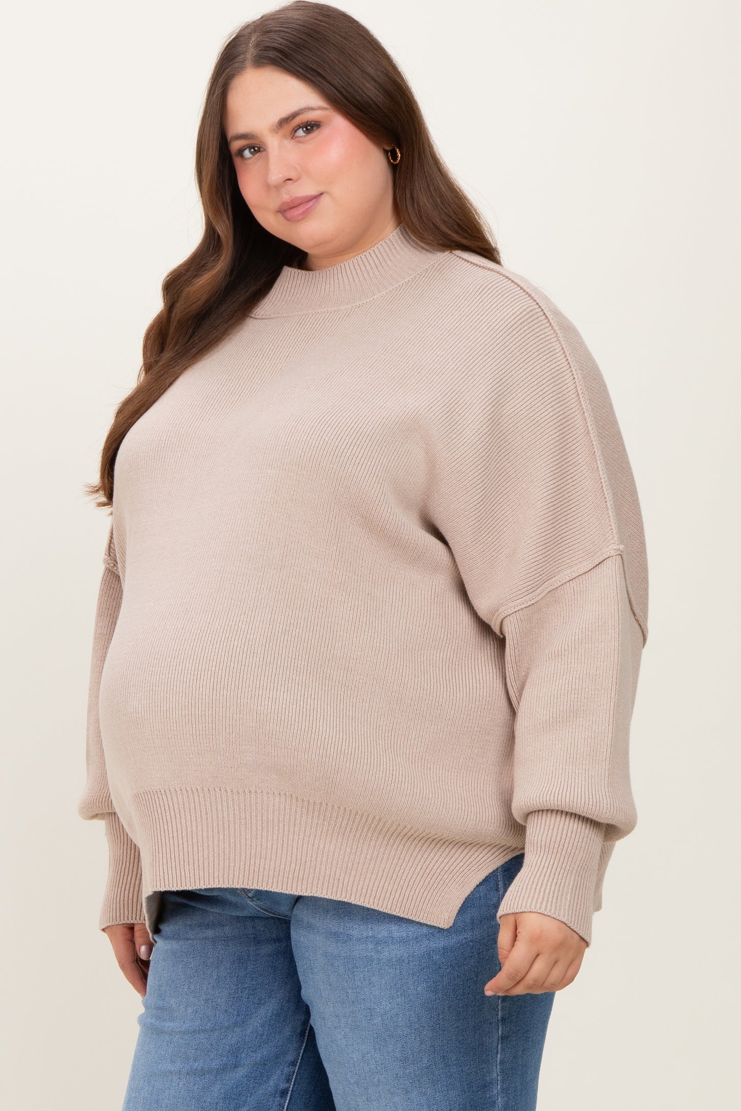 Cream Mock Neck Exposed Seam Maternity Sweater