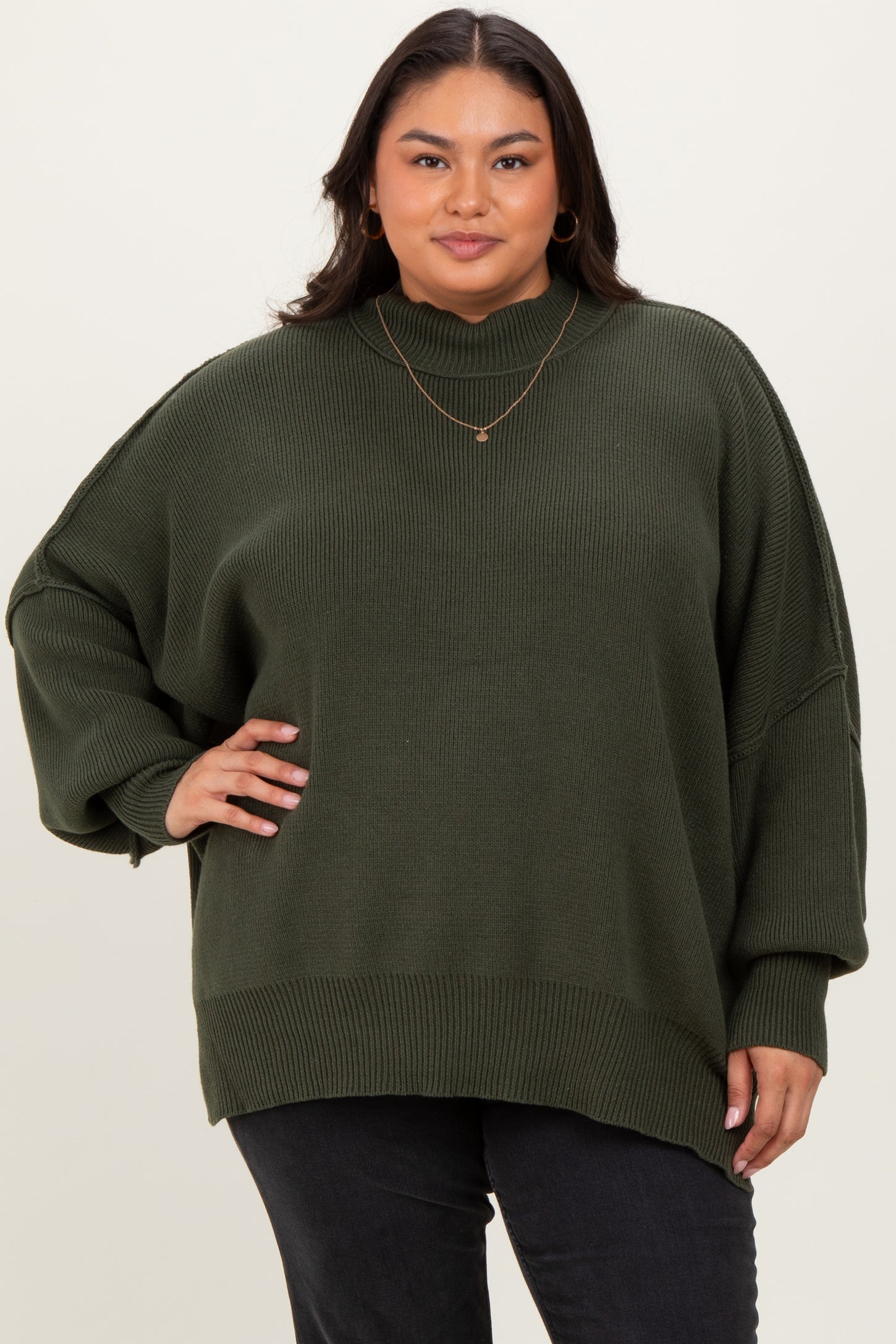 Olive Mock Neck Exposed Seam Maternity Sweater