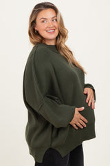 Olive Mock Neck Exposed Seam Maternity Sweater