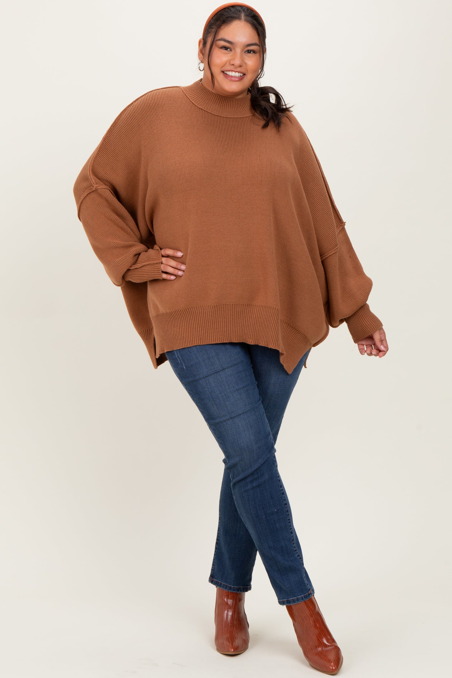Camel Mock Neck Exposed Seam Sweater