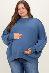 Blue Mock Neck Exposed Seam Maternity Sweater