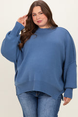 Blue Mock Neck Exposed Seam Maternity Sweater