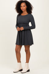Charcoal Solid Ribbed Long Sleeve Crewneck Shirring Mini Dress