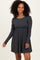 Charcoal Solid Ribbed Long Sleeve Crewneck Shirring Mini Dress