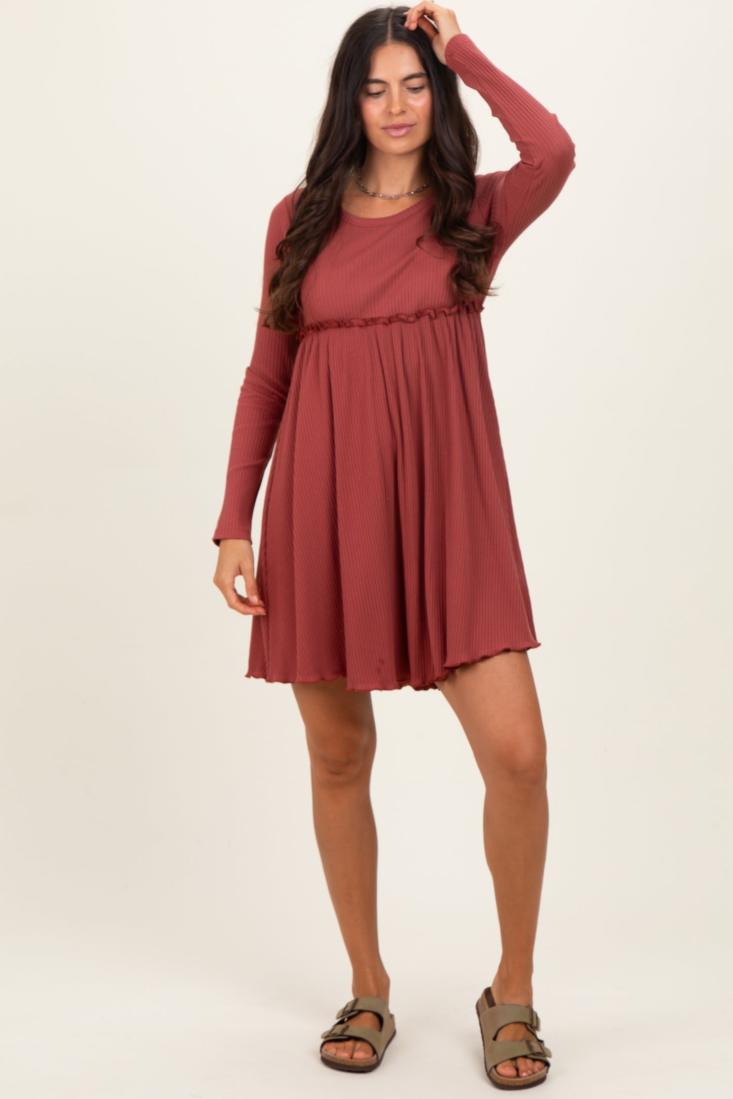 Rust Solid Ribbed Long Sleeve Crewneck Shirring Mini Dress