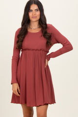 Rust Solid Ribbed Long Sleeve Crewneck Shirring Mini Dress