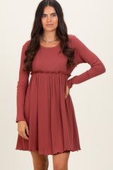 Rust Solid Ribbed Long Sleeve Crewneck Shirring Maternity Mini Dress