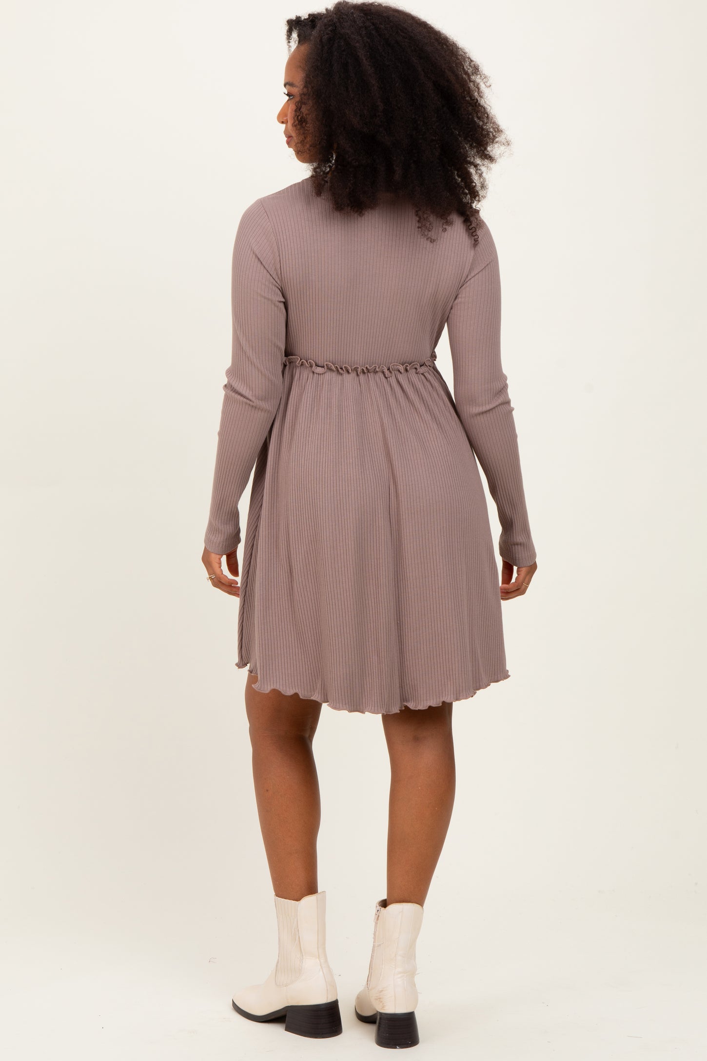 Mocha Solid Ribbed Long Sleeve Crewneck Shirring Mini Dress