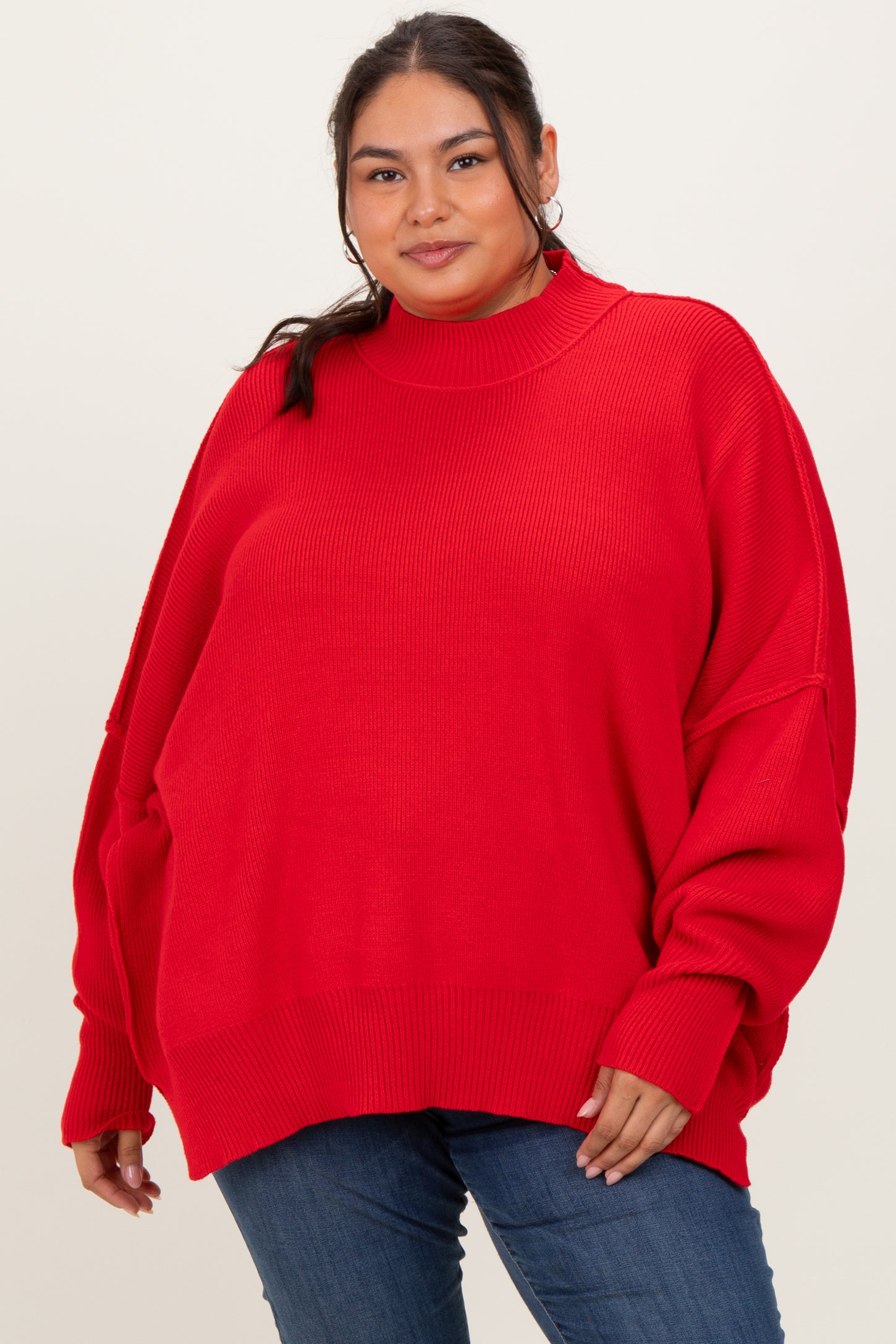 Red Mock Neck Exposed Seam Maternity Sweater
