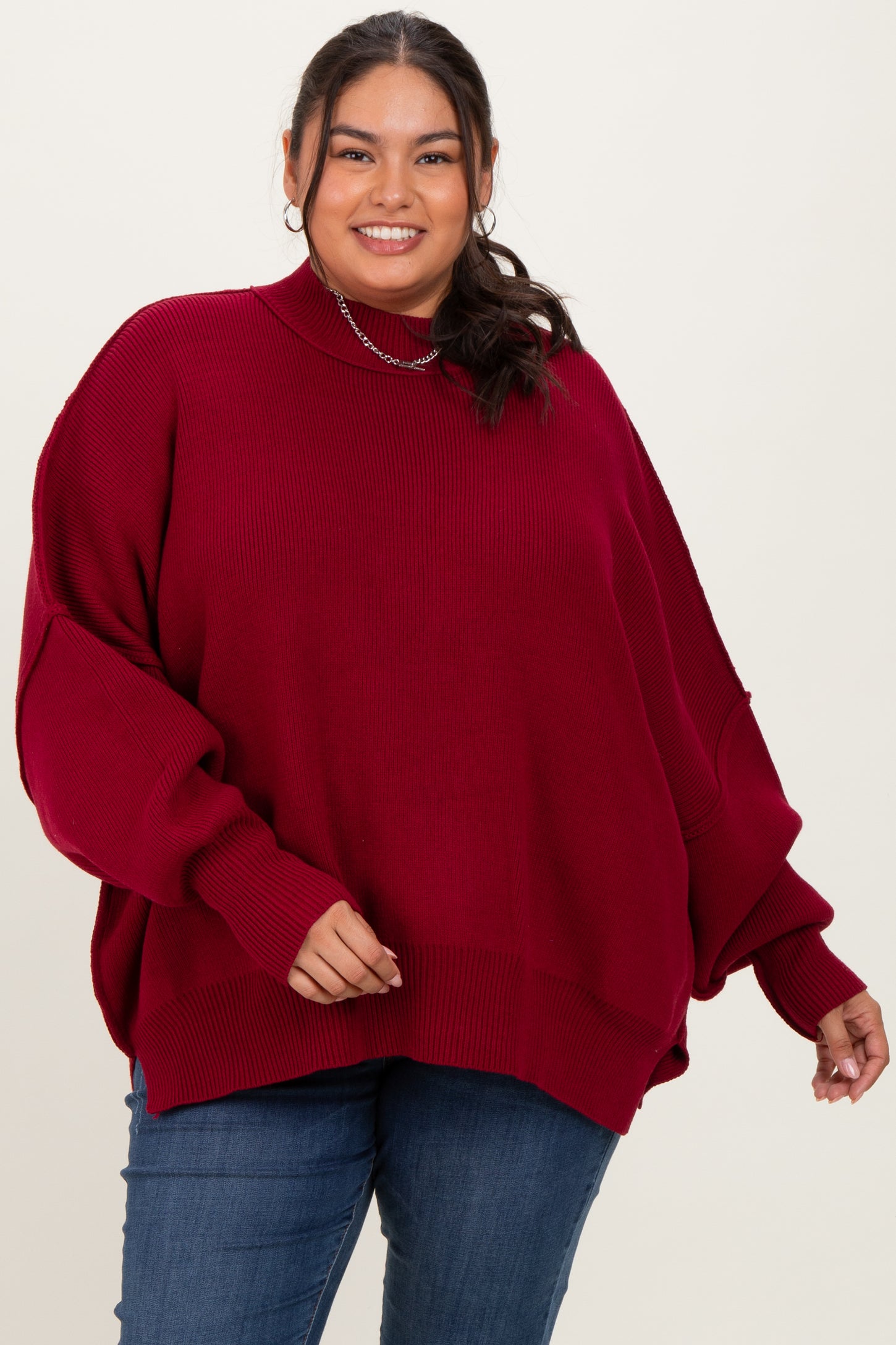 Burgundy Mock Neck Exposed Seam Maternity Sweater