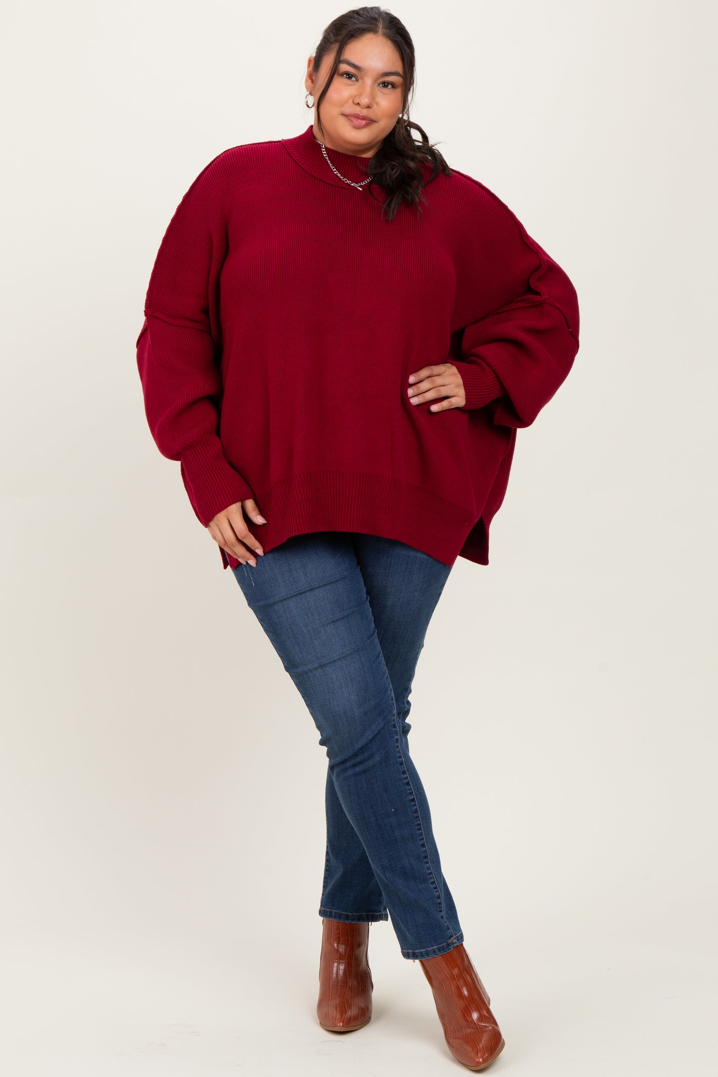 Burgundy Mock Neck Exposed Seam Sweater