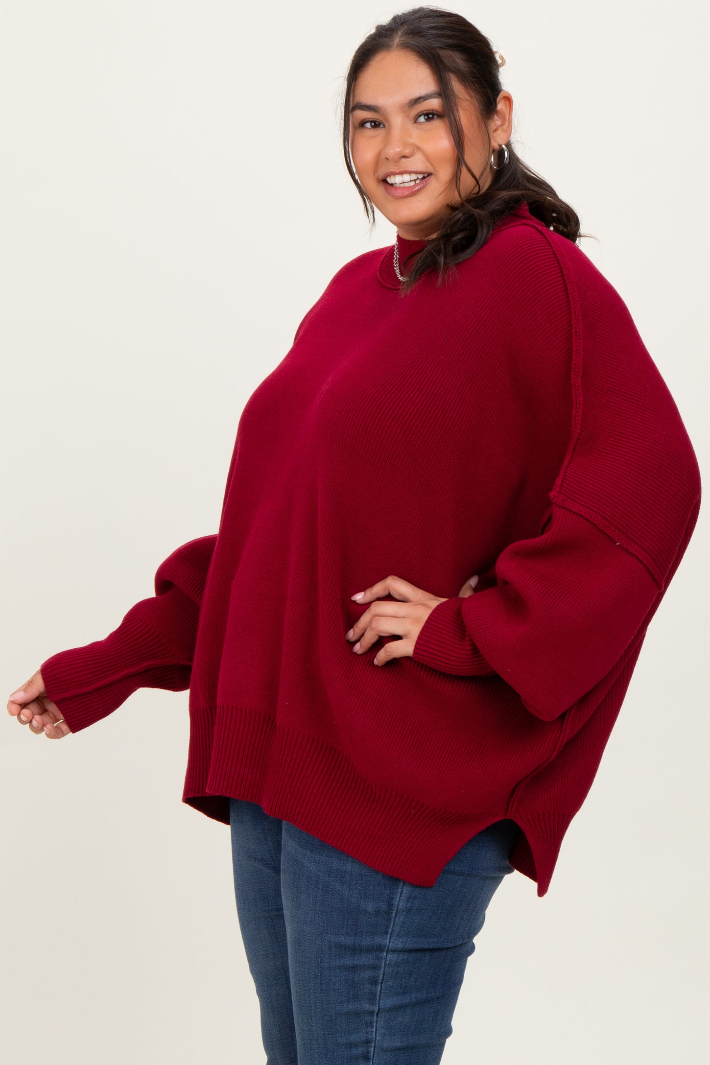 Burgundy Mock Neck Exposed Seam Sweater