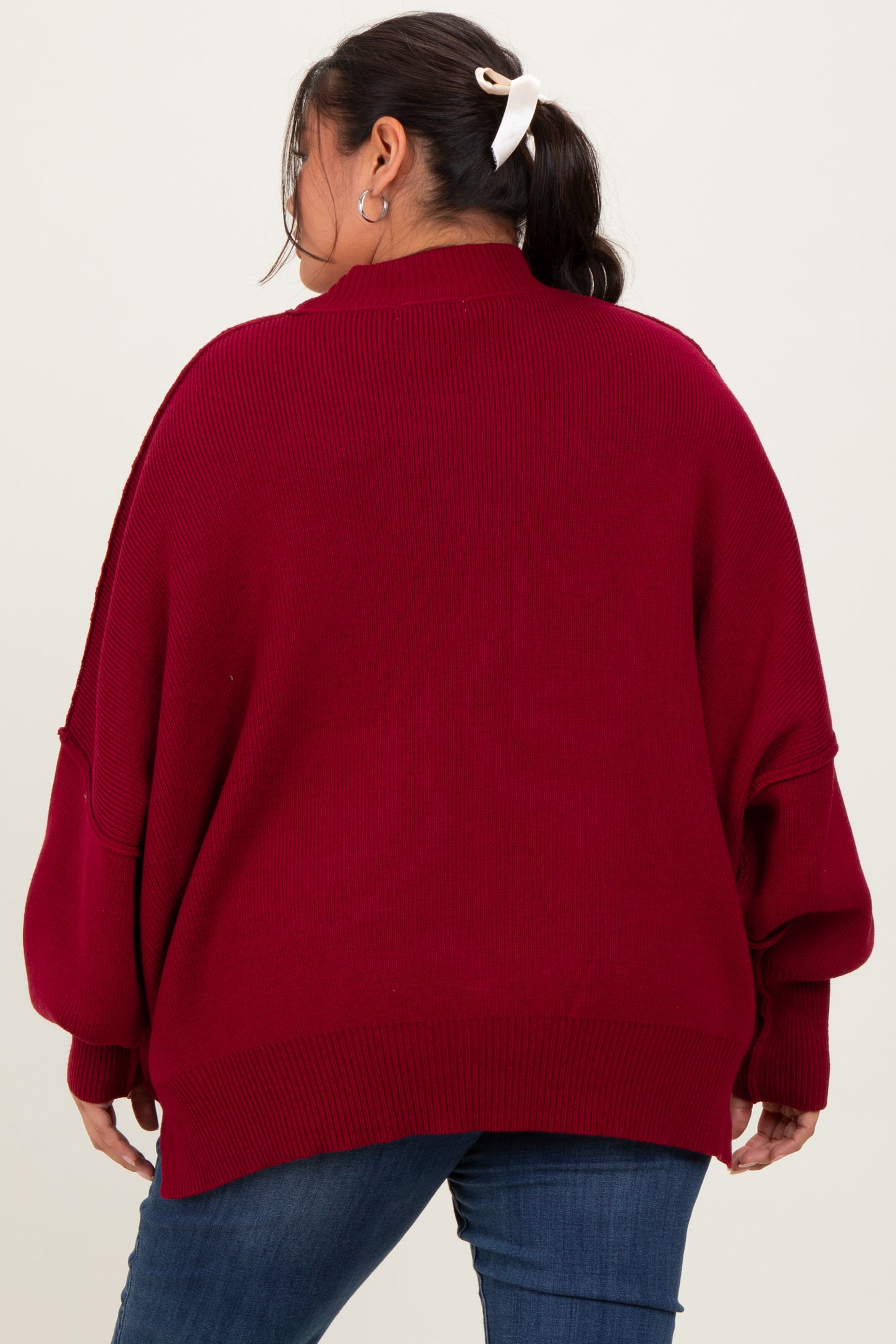 Burgundy Mock Neck Exposed Seam Sweater