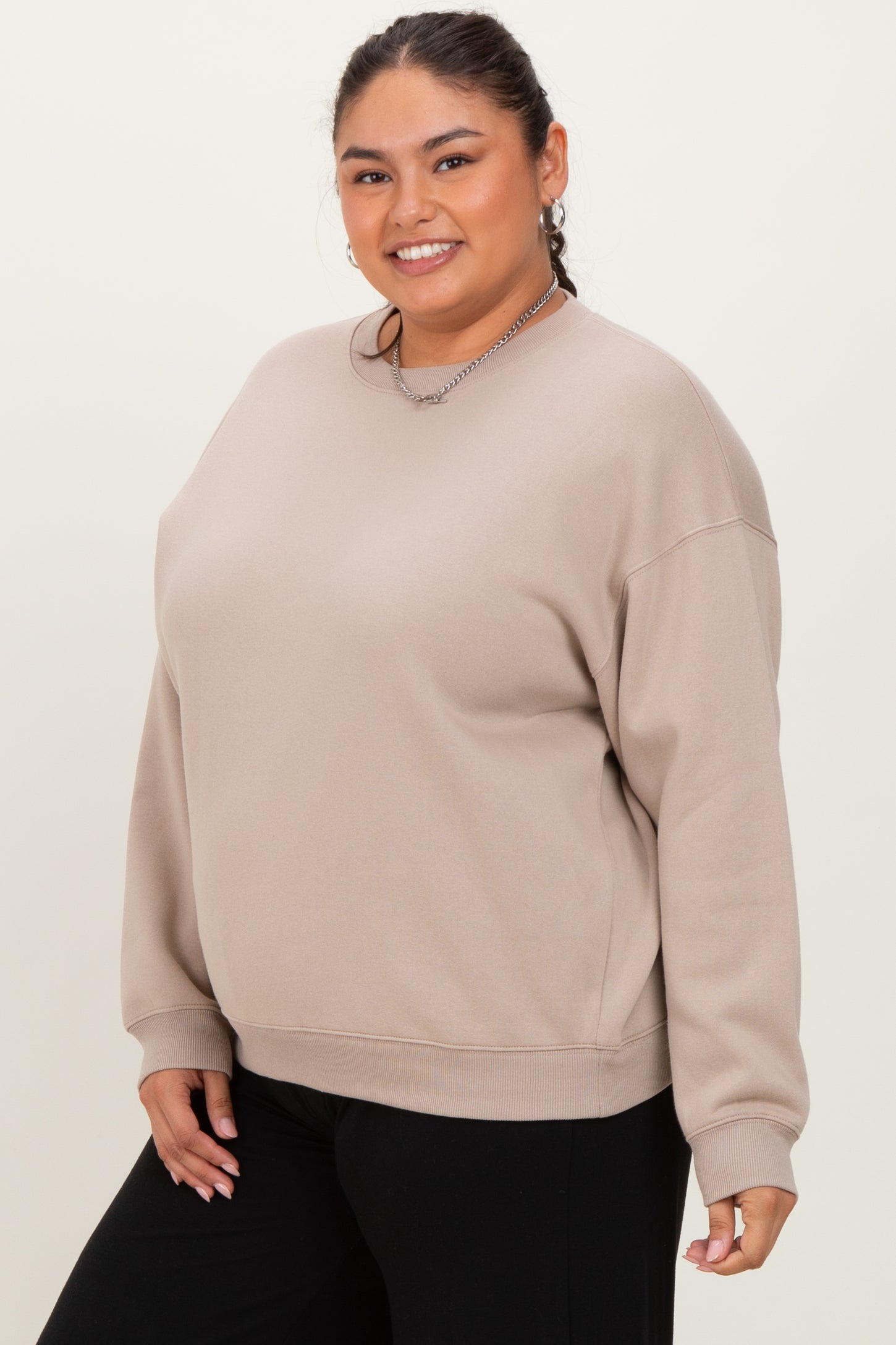 Beige Basic Fleece Crewneck Sweatshirt