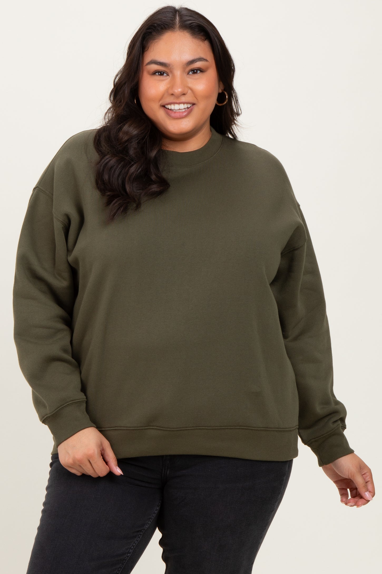 Olive Basic Fleece Crewneck Maternity Sweatshirt