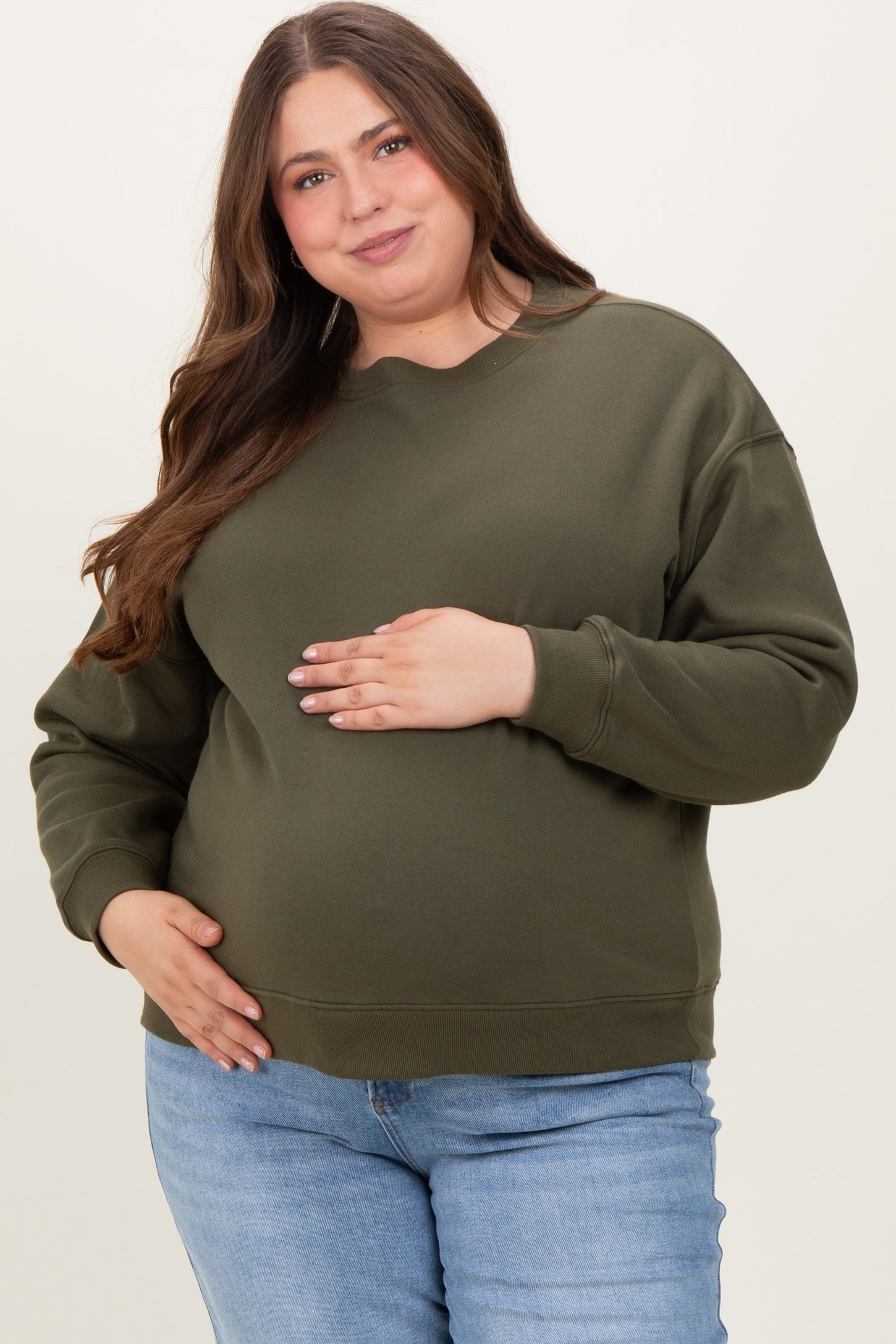Olive Basic Fleece Crewneck Maternity Sweatshirt