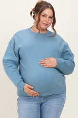 Blue Basic Fleece Crewneck Maternity Sweatshirt