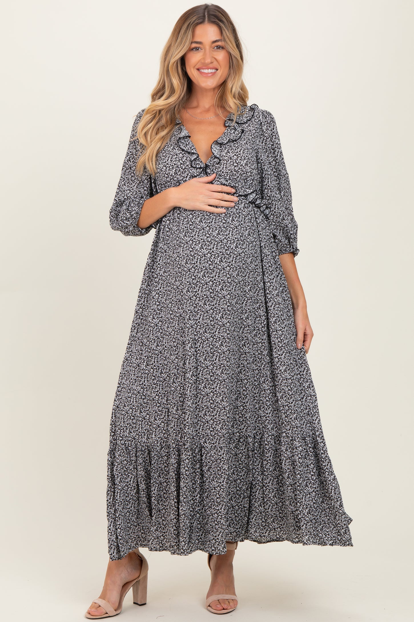Black Ditzy Floral Long Sleeve Ruffle V-Neck Tiered Maternity Maxi Dress
