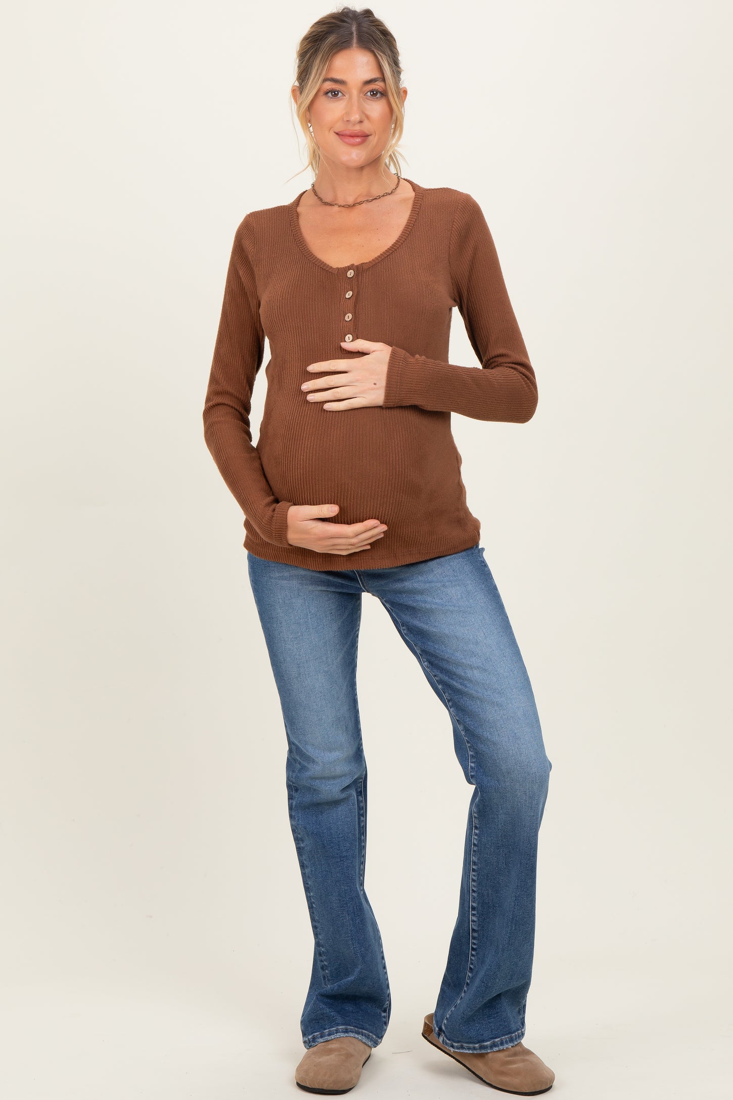 Brown Solid Ribbed Brushed Long Sleeve Button Down Round Neck Maternity Top
