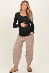 Black Solid Ribbed Brushed Long Sleeve Button Down Round Neck Maternity Top