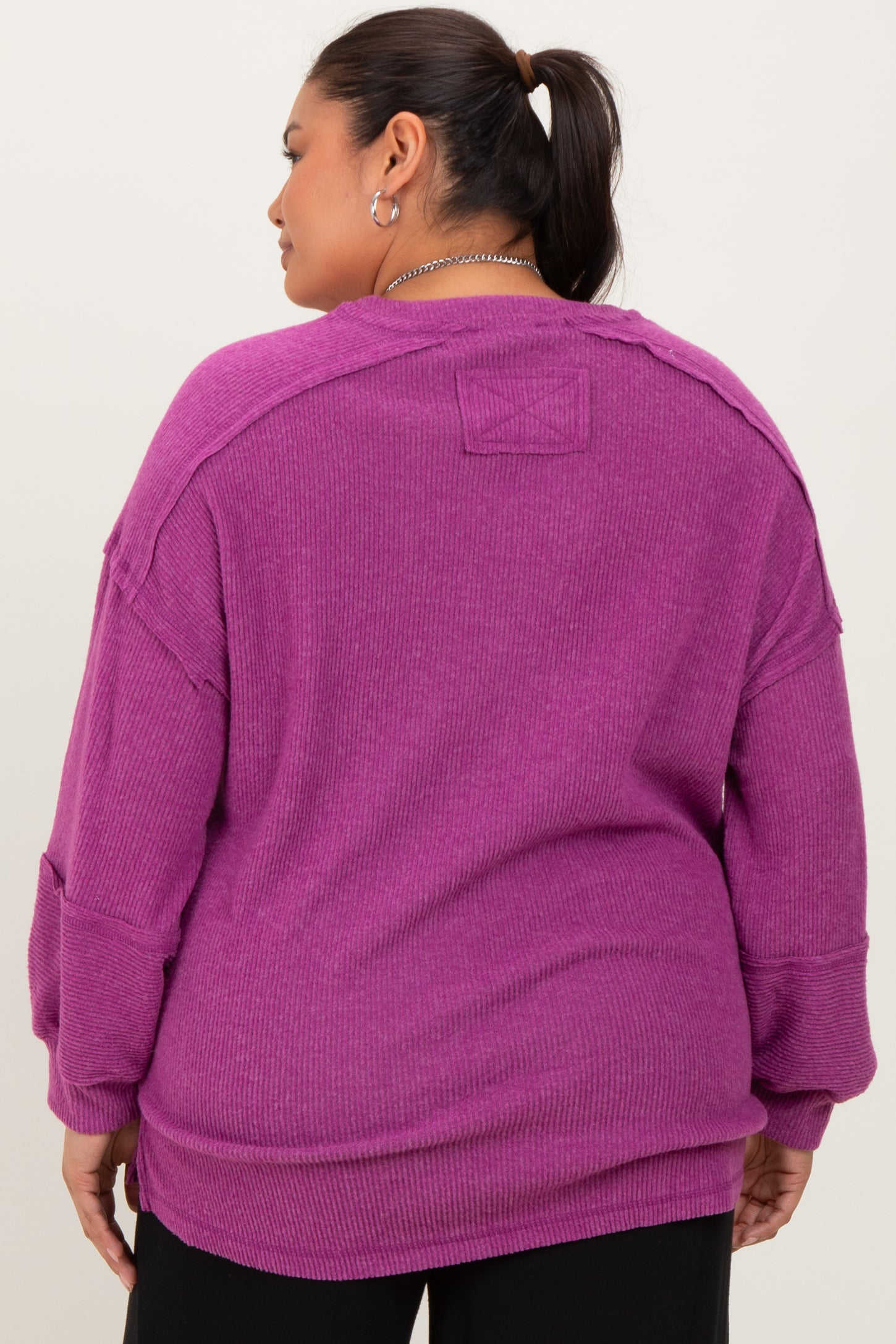 Plum Oversized Ribbed Knit Henley Plus Sweater
