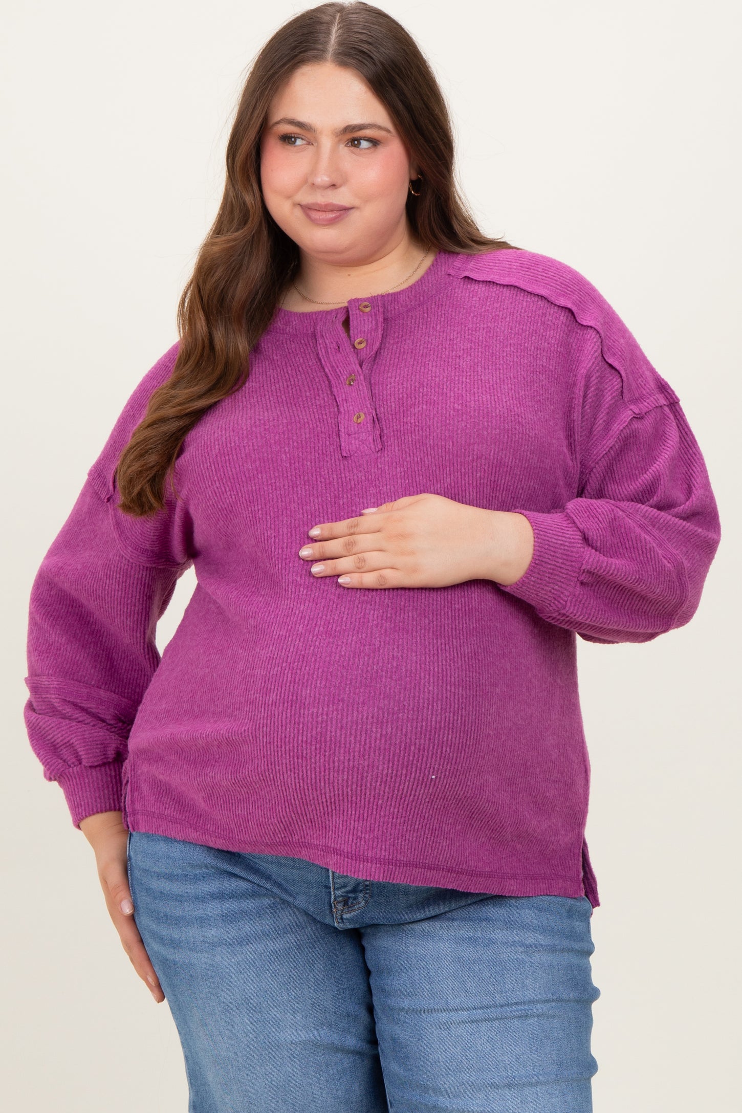 Plum Oversized Ribbed Knit Henley Maternity Plus Sweater