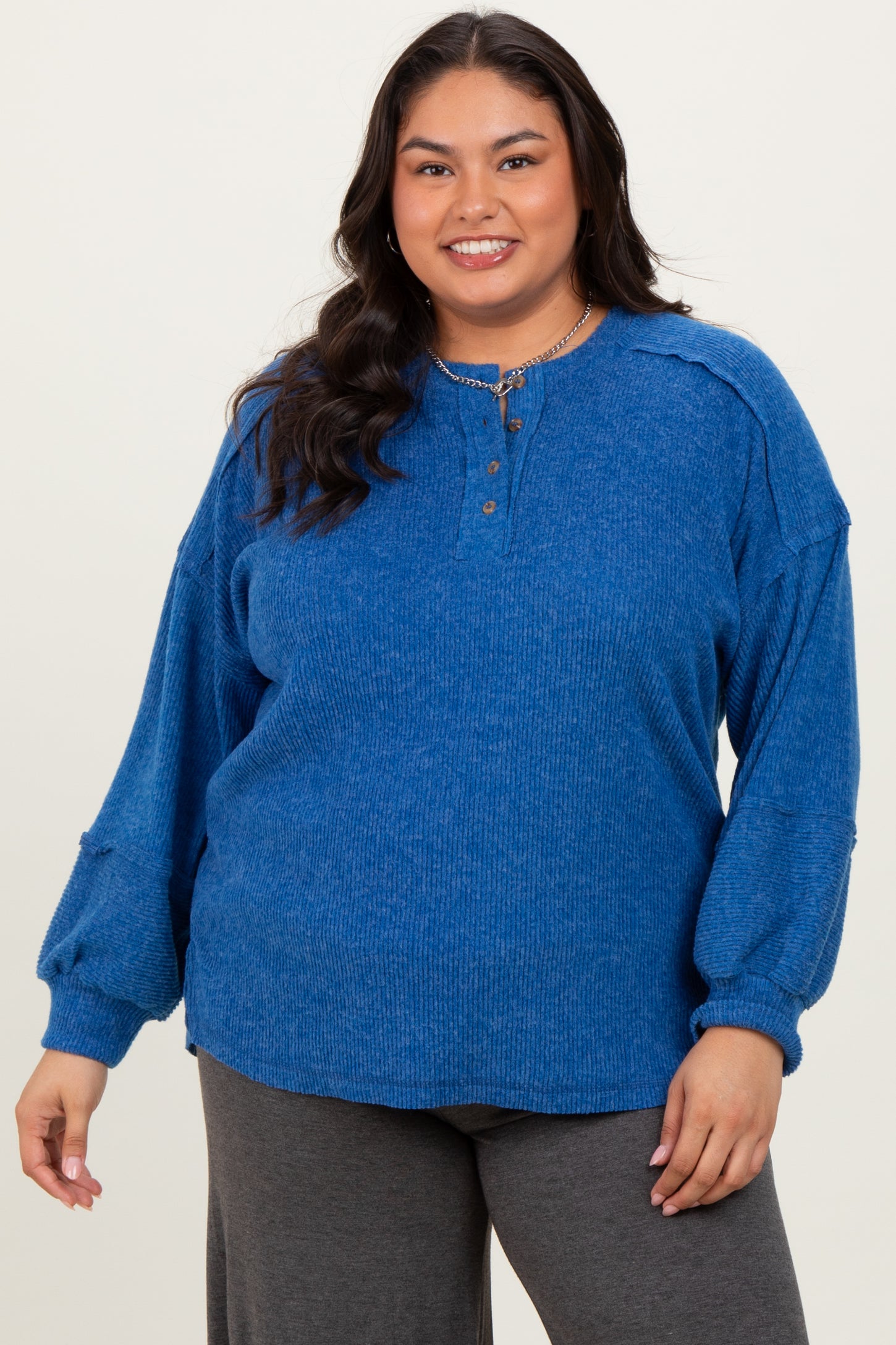 Light Navy Oversized Ribbed Knit Henley Plus Sweater