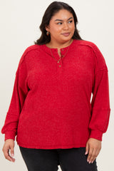 Red Oversized Ribbed Knit Henley Maternity Plus Sweater