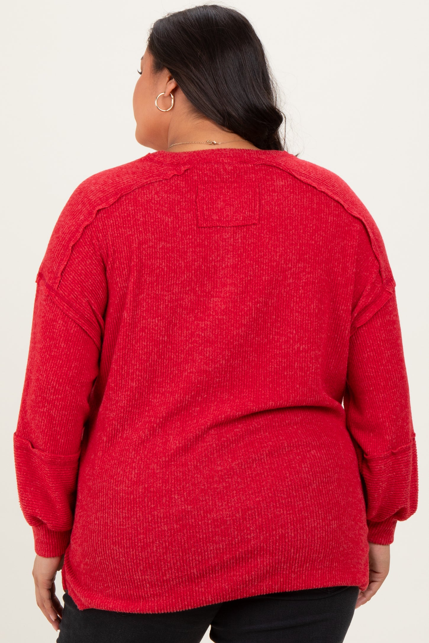 Red Oversized Ribbed Knit Henley Plus Sweater