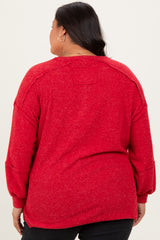 Red Oversized Ribbed Knit Henley Plus Sweater