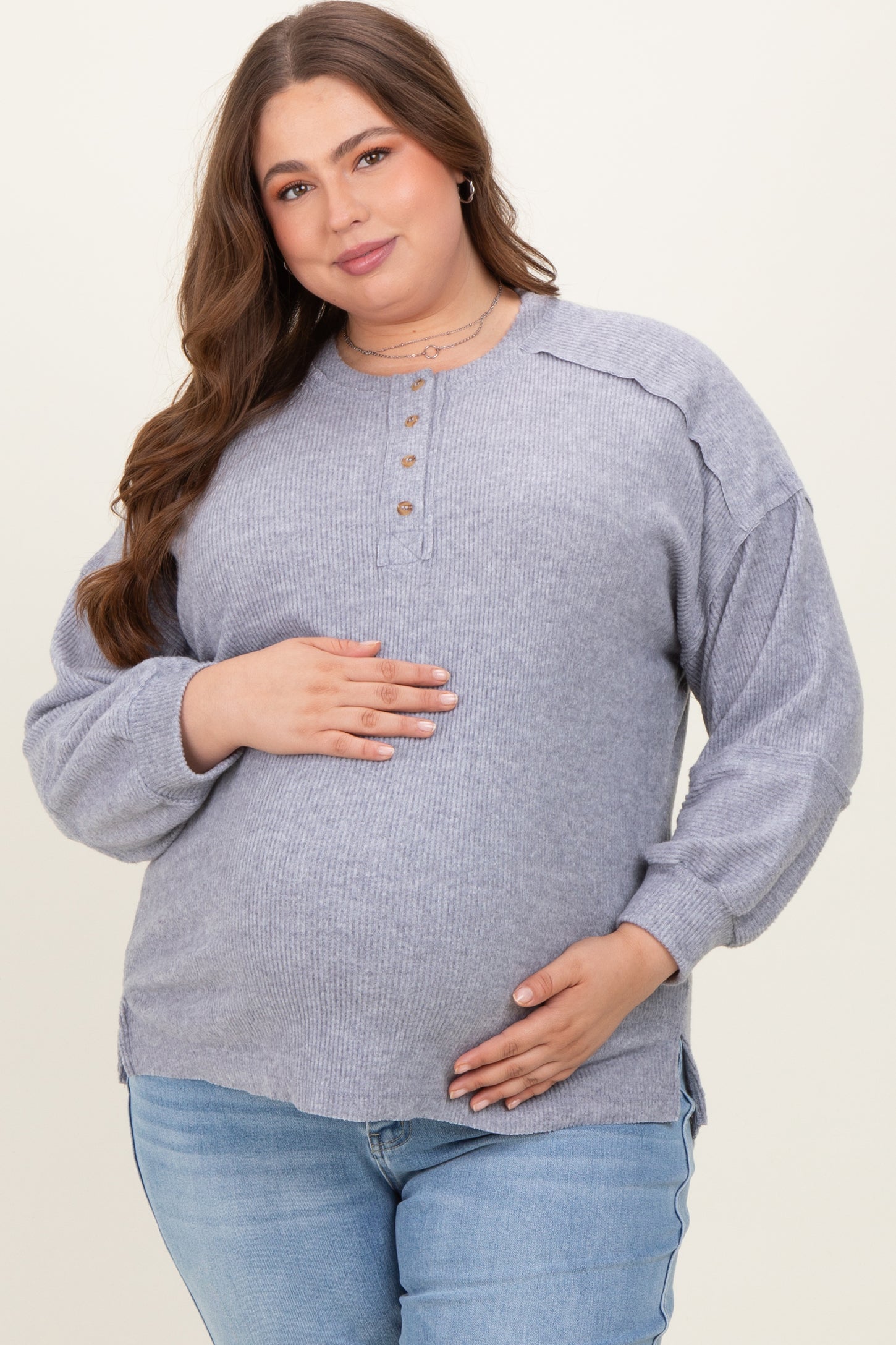 Heather Grey Oversized Ribbed Knit Henley Maternity Plus Sweater
