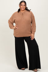 Camel Oversized Ribbed Knit Henley Plus Sweater