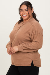 Camel Oversized Ribbed Knit Henley Plus Sweater