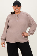 Beige Oversized Ribbed Knit Henley Maternity Plus Sweater