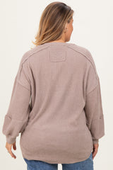 Beige Oversized Ribbed Knit Henley Maternity Plus Sweater