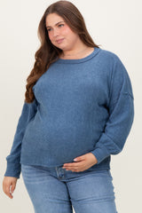 Blue Brushed Ribbed Knit Maternity Plus Pullover