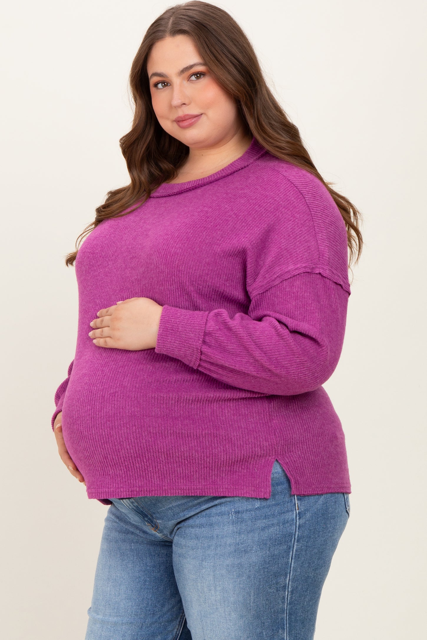 Plum Brushed Ribbed Knit Maternity Plus Pullover